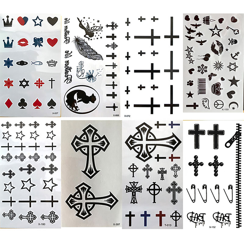 Eight Mixed-Style Body Stickers with Small Patterns for Fingers, Wrists, Face, Neck, Heart-Shaped, Five-Pointed Star, and Cross Tattoo Stickers