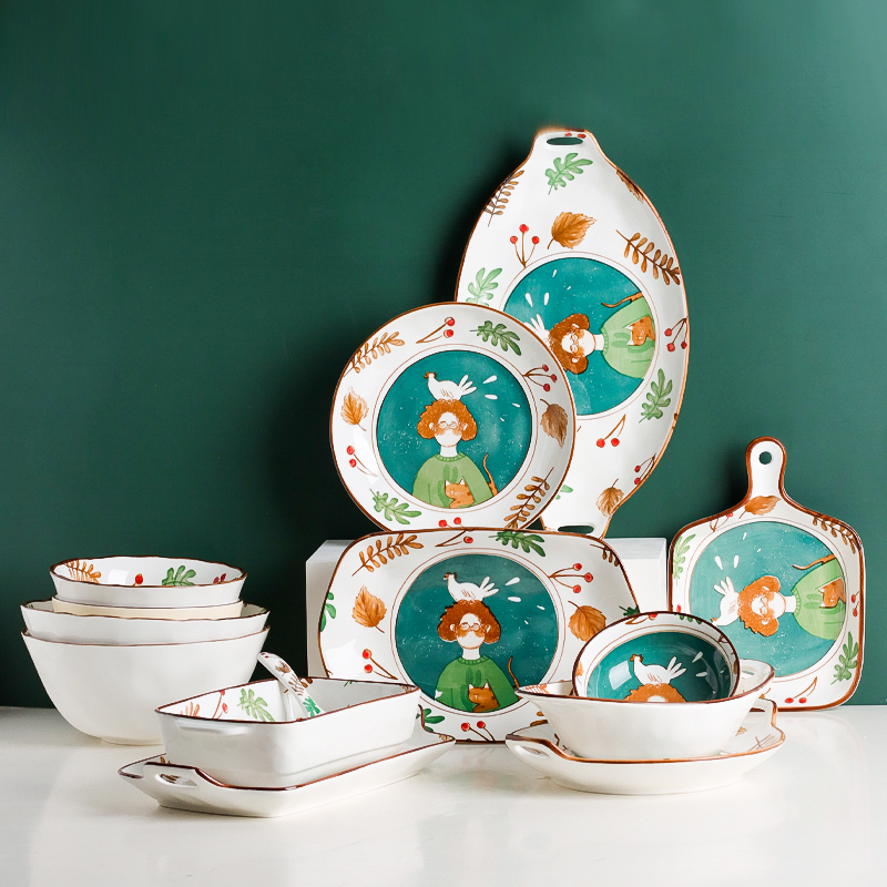 Kawashima House Fairy Tale Japanese Cartoon Ceramic Tableware Set Bowls and Plates Cute Girl Heart Bowls Chopsticks Bowls Set Household
