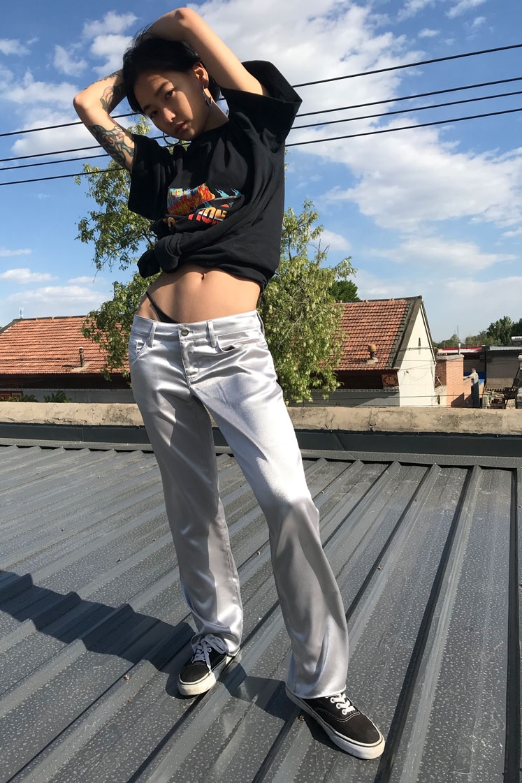 WILDLUST is hard to use Iconic metal gloss black and purple silver low-waist disco trousers