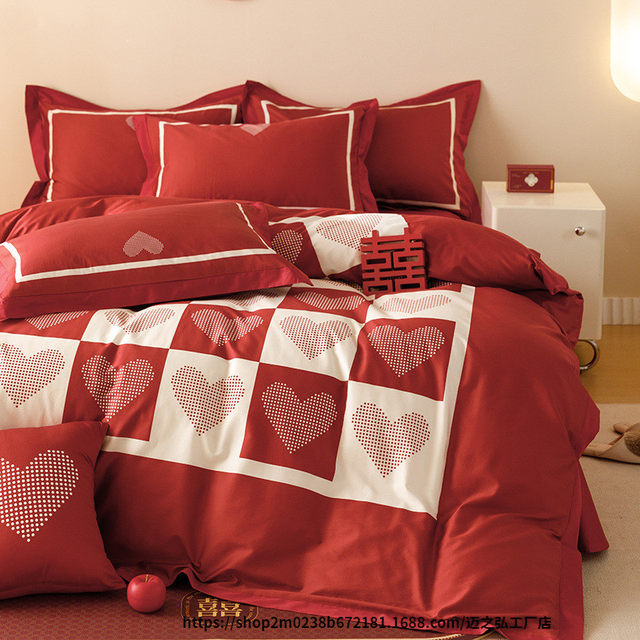 High-end princess wedding 100 pure cotton velvet cotton four-piece set cotton printed big red wedding sheet quilt cover 4