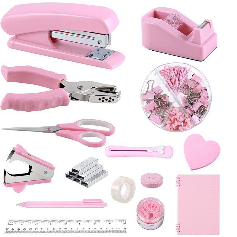 Directly supplied pink office scissors for students, stapler, stationery set, book, multi-functional binding combination