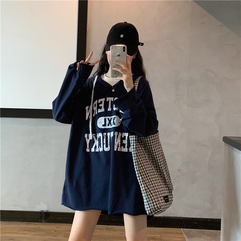 Korean version Fall Fashion Even hat sportswomen Great size lenient medium Long version jacket female pregnant woman can wear pure cotton female blouse