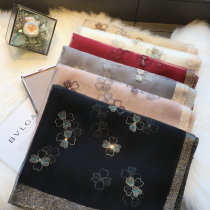 Silk scarf womens autumn and winter Korean version wild Western style nail diamond embroidery flower Wool mulberry silk scarf Gauze shawl