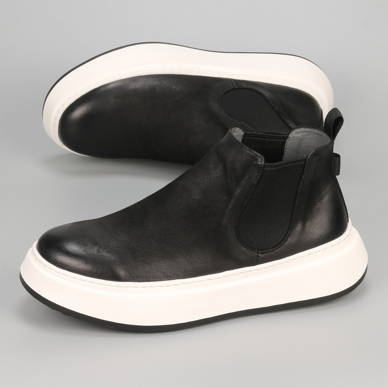 Men's Casual High-Top Shoes, Chelsea Boots, Genuine Leather, Thick-Soled, Height-Increasing Trendy Sneakers, Korean Style Slip-On Simple Short Boots