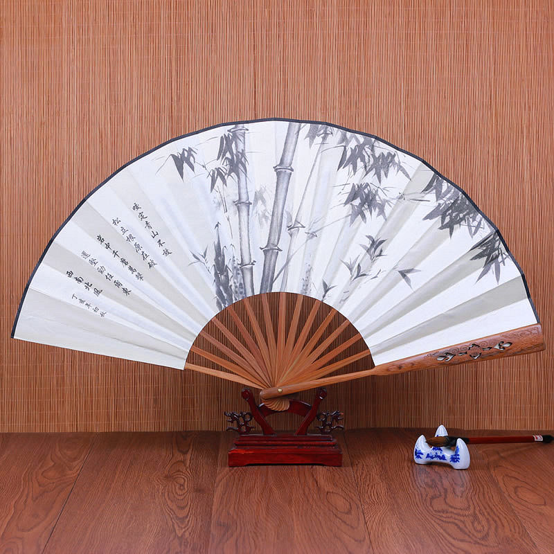 Chinese style fan men ancient wind folding fan 10 inch silk big silk fan classical carving folding fan cloth covered with ancient Summer