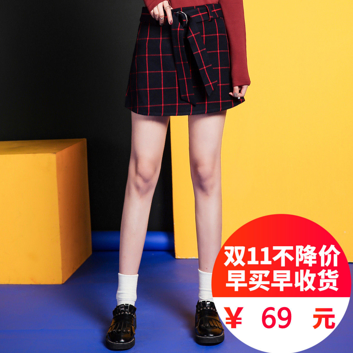 秋冬新款韩版复古港味学生显瘦百搭chic藏青红格子A字半身裙女