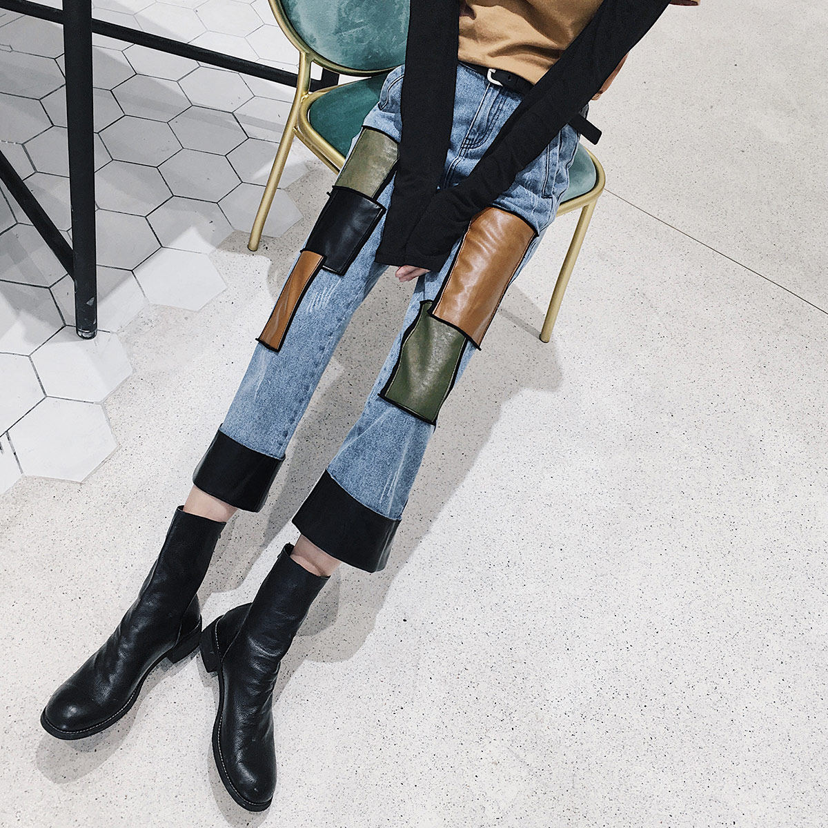 七格格2017秋装新款彩色贴布七分牛仔裤女