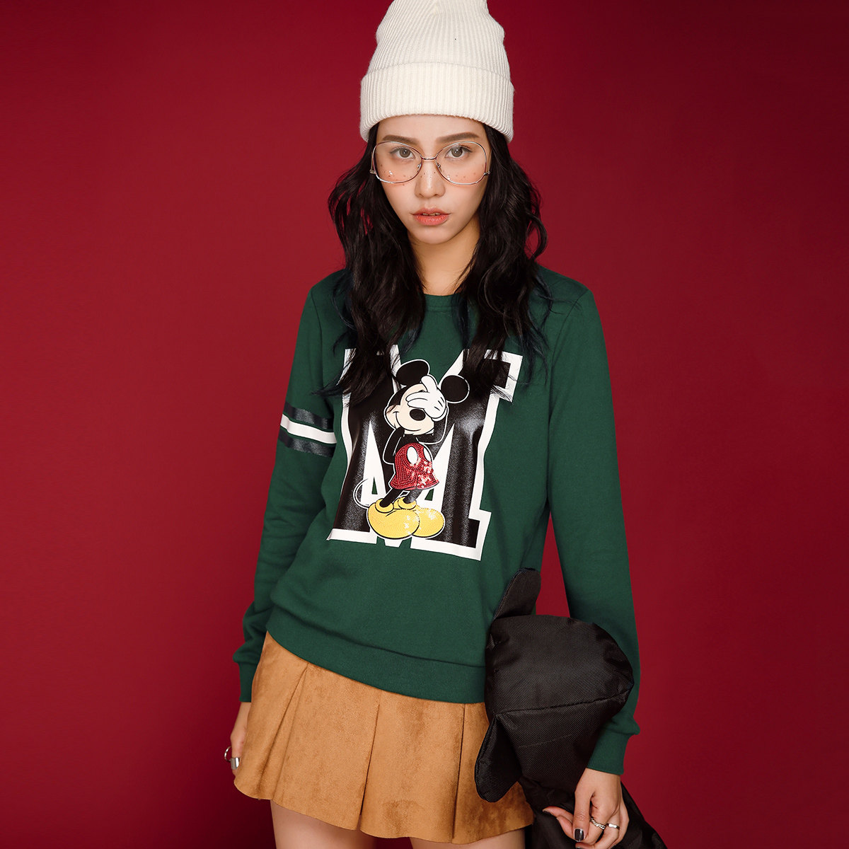 七格格2017秋冬新款韩版chic夹色条纹胶印捂眼米奇宽松学院卫衣女