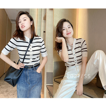 Muds shop French JI Jane stripe medium sleeve sweater seven-point sleeve POLO simple American shirt