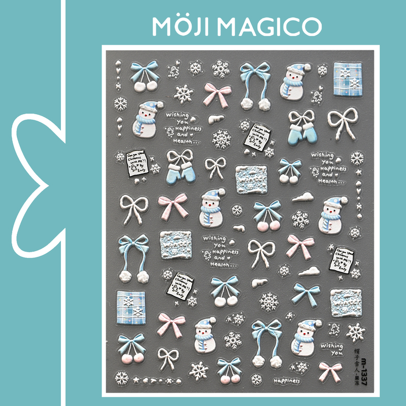 Mojie Winter Hat Snowman Bowknot 3D Embossed Nail Art Stickers Waterproof Nail Decals Decorations M1337