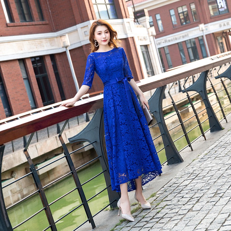 Royal Blue Lace Gown Dress with Mid-Sleeves, Round Neck, Waist Tie, A-Line, Large Hem, Mid-Length Skirt in Klein Blue