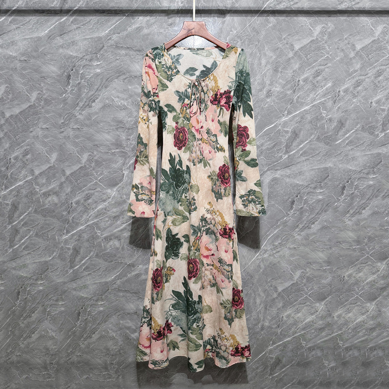 26Th Autumn Silk Printed Dress for Women, Long Sleeve V-Neck Tie Waist A-Line Dress, Slimming Long Dress