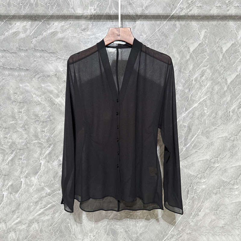 Shenzhen Nanyou Georgette Sunscreen Shirt for Women, Long Sleeve, Thin V-Neck Button Cardigan, Black, Slightly See-Through Outerwear Cardigan