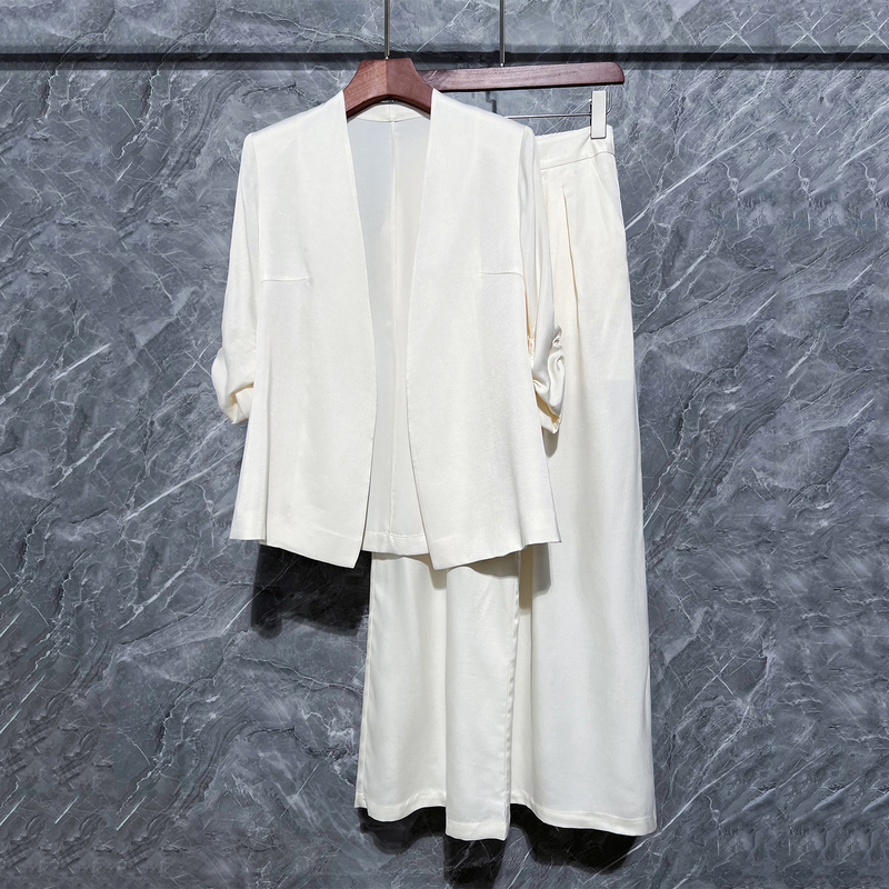 2026 New Copper Ammonia Silk Pleated Sleeve Blazer + Wide-Leg Suit Pants Set French Design Two-Piece Set for Women