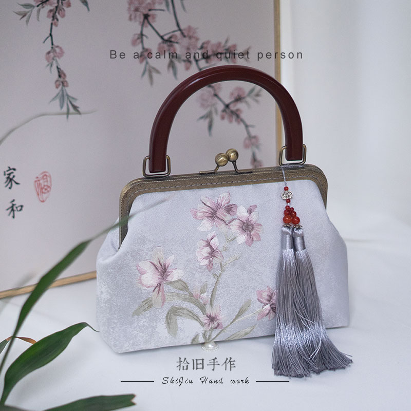 Orchid Bamboo Leaves Original Double-sided Embroidered Wooden Portable Qipao Bag Retro China Wind Lady 100 Hitch Elegant Embroidered Bag