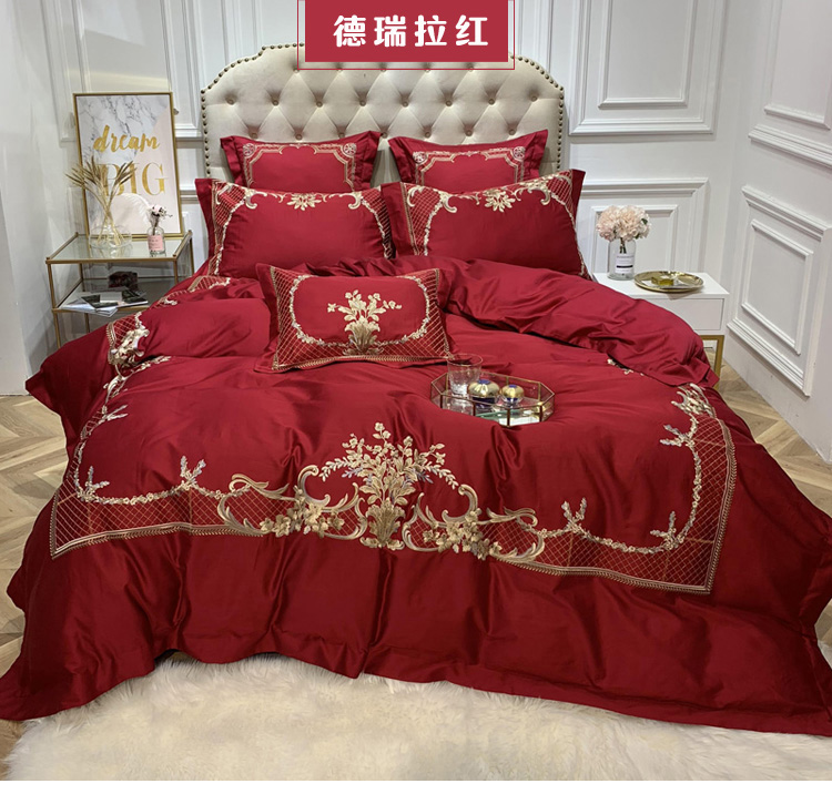 Màu hồng châu Âu bốn mảnh kiểu công chúa 60 satin thêu bông cotton đám cưới phòng cưới giường đôi - Bộ đồ giường bốn mảnh bộ chăn gối nous
