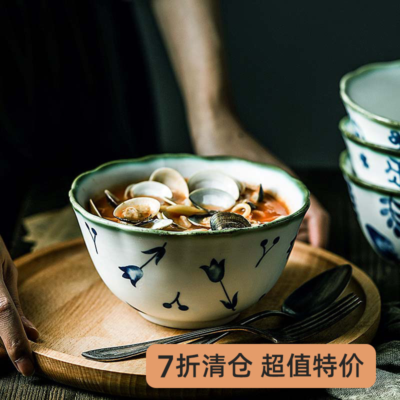 日式陶瓷餐具多人家用碗盘碟卡通手绘釉下彩复古碎花系列沙拉碗