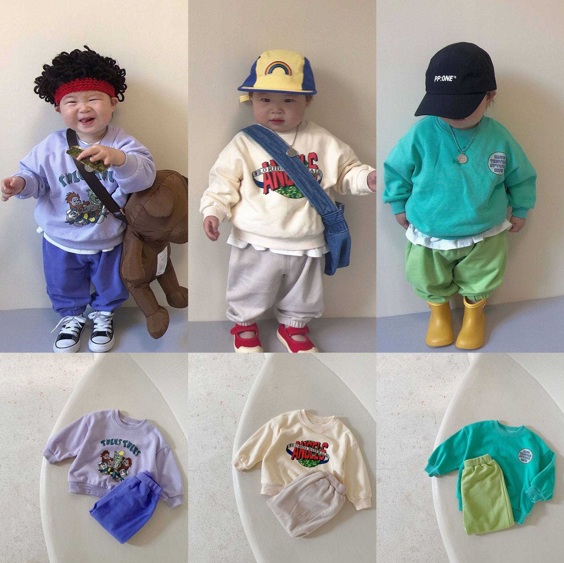 2022 Spring Autumn Season New Baby Bump Color Children Suit Blouse Pants Men And Women Baby Cartoon Out of Children