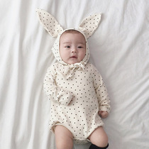 2022 New Pint Baby Autumn Clothing Baby Bunny Triangle Climbing Suit Pure Cotton One-piece Clothing Bag Fart Hat Subsuit