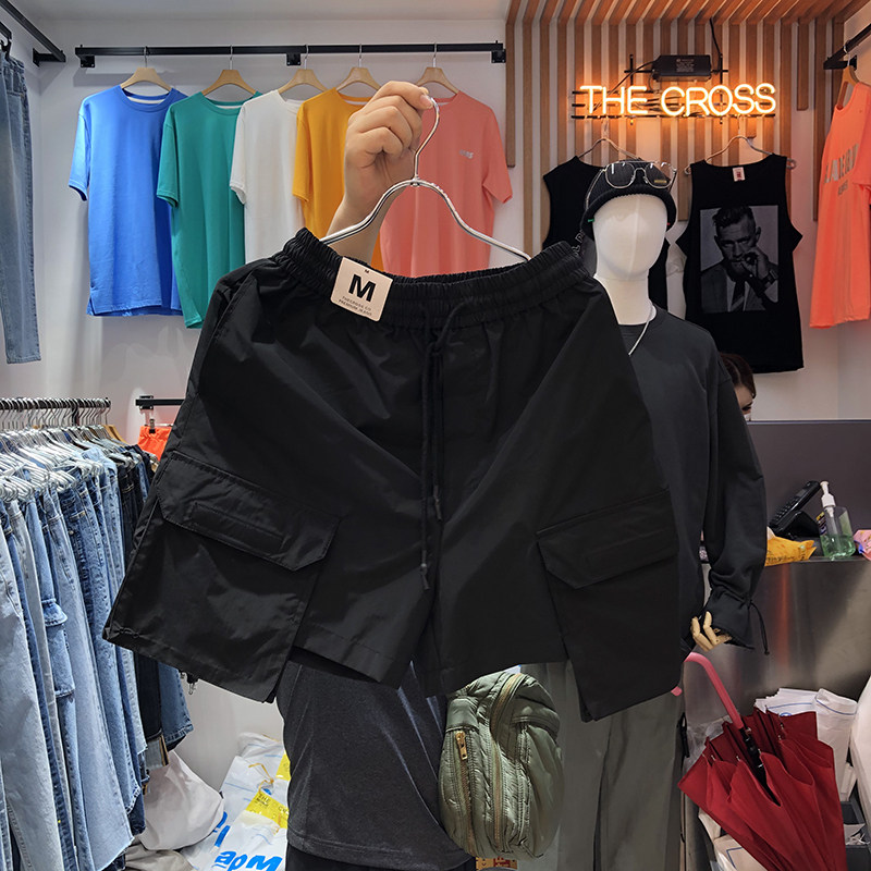 Summer casual shorts Men's loose ANAN Korea East gate tightness waist cloth patch pockets design shorts tide