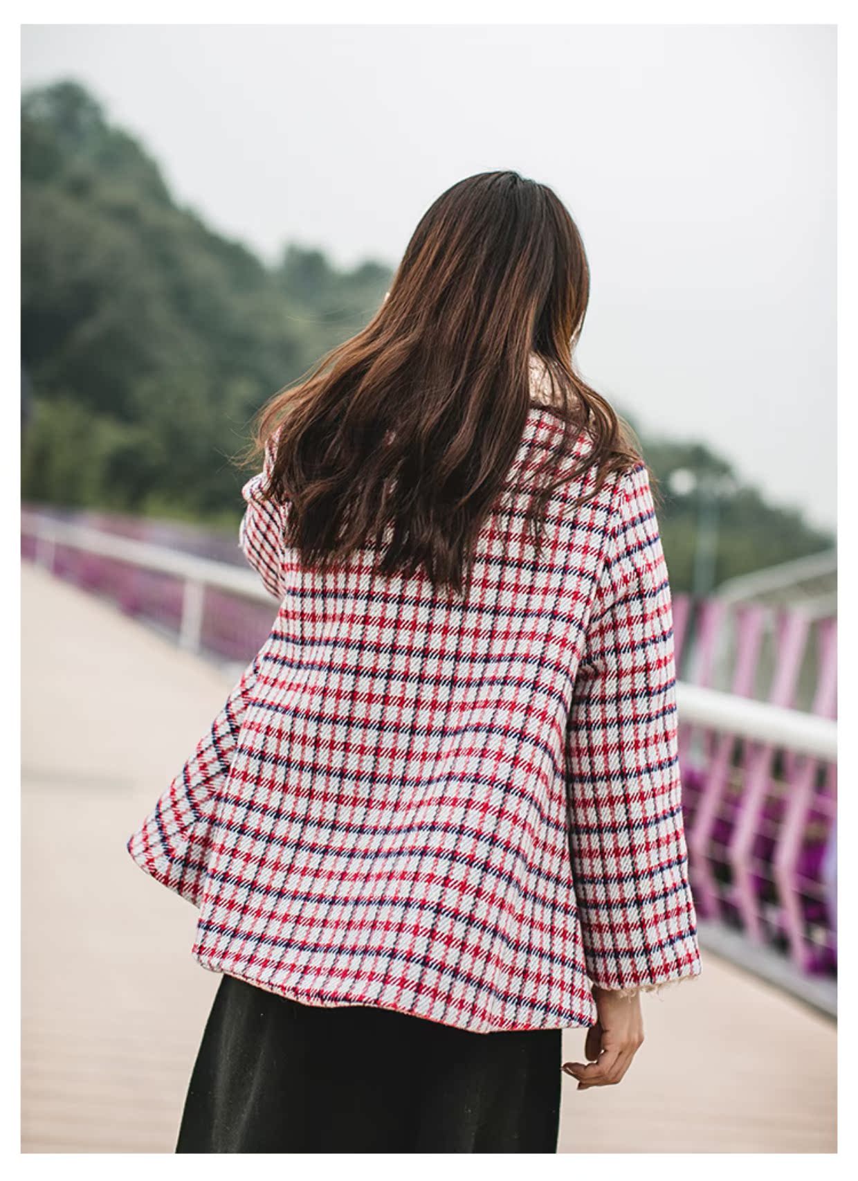 Nhật Bản ngọt ngào lông cừu lỏng cổ áo len ngắn áo khoác nữ sinh viên mùa đông mặc áo choàng kiểu áo choàng kẻ sọc áo khoác lót lông nữ