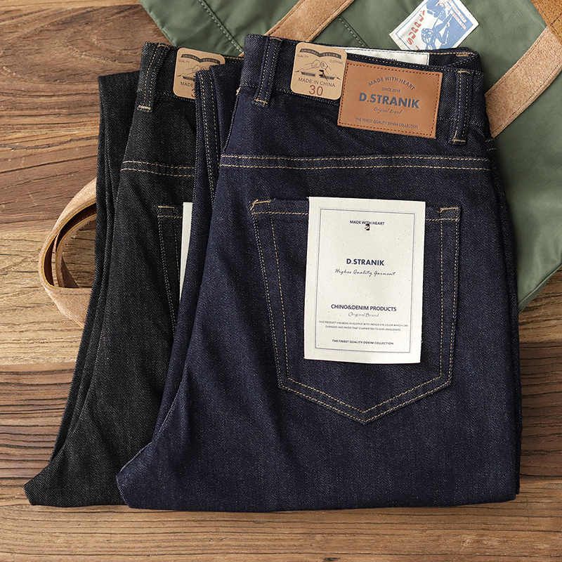 Spring and Summer New Style Original Color Straight-Leg Jeans with Slight Stretch, American Retro Dark Blue-Black Slim-Fit Casual Long Pants for Men