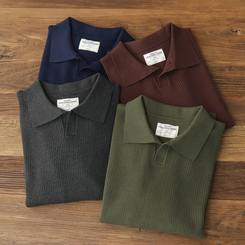 Heavyweight Seagull Collar Knit Sweater, Pure Cotton, Thickened, American Retro Style, Polo Collar Sweater, Men's Autumn and Winter New Model