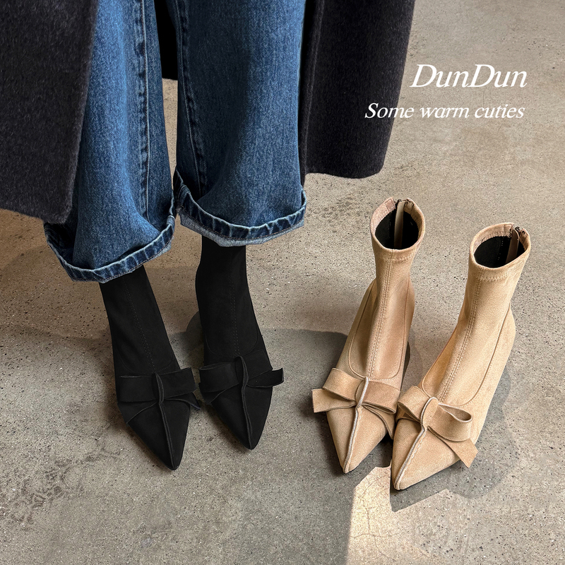 Pointed-Toe Bowknot Elastic Short Boots for Women, Winter Versatile Slim Boots, Mid-Heel Sock Boots, 3.5cm Low-Heel Ankle Boots Pointed-Toe Bowknot Elastic Short Boots for Women, Winter Versatile Slim Boots, Mid-Heel Sock Boots, 3.5cm Low-Heel Ankle Boots