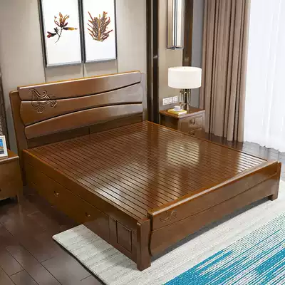 Solid wood bed Master bedroom double bed 1 8 meters economical modern simple wedding bed 1 5 new Chinese high box storage bed