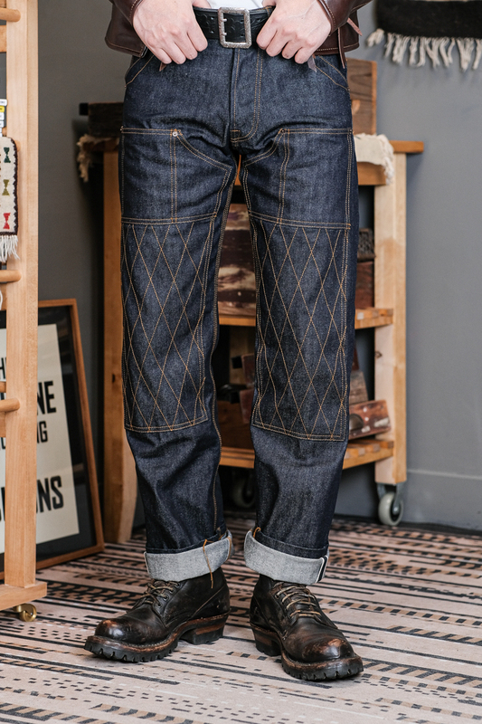 14oz Dark Blue Raw Denim Cycling Jeans, Anti-Fall Diamond Reinforcement Long Pants, Work Pants, Trophy Edition Replica