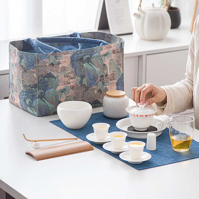 Tea Art Teaching and Training Tea Set, Qianli Jiangshan Portable Storage Bag, White Jade Porcelain Portable Travel Tea Set with Gaiwan Tea Art Teaching and Training Tea Set, Qianli Jiangshan Portable Storage Bag, White Jade Porcelain Portable Travel Tea Set with Gaiwan
