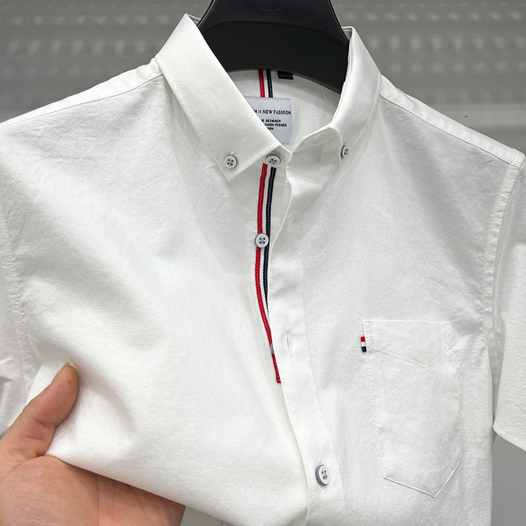 Tommy Young Men's Short-Sleeved Shirt Summer Business Pure Cotton White Lapel Thin Breathable Solid Color Shirt