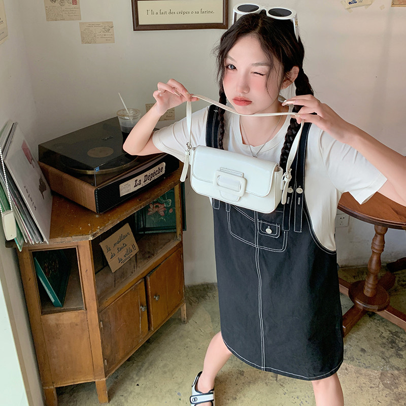 设计感假两件黑色背带裙夏季新款可盐可甜休闲显瘦小个子连衣裙女,女装连衣裙,2C053