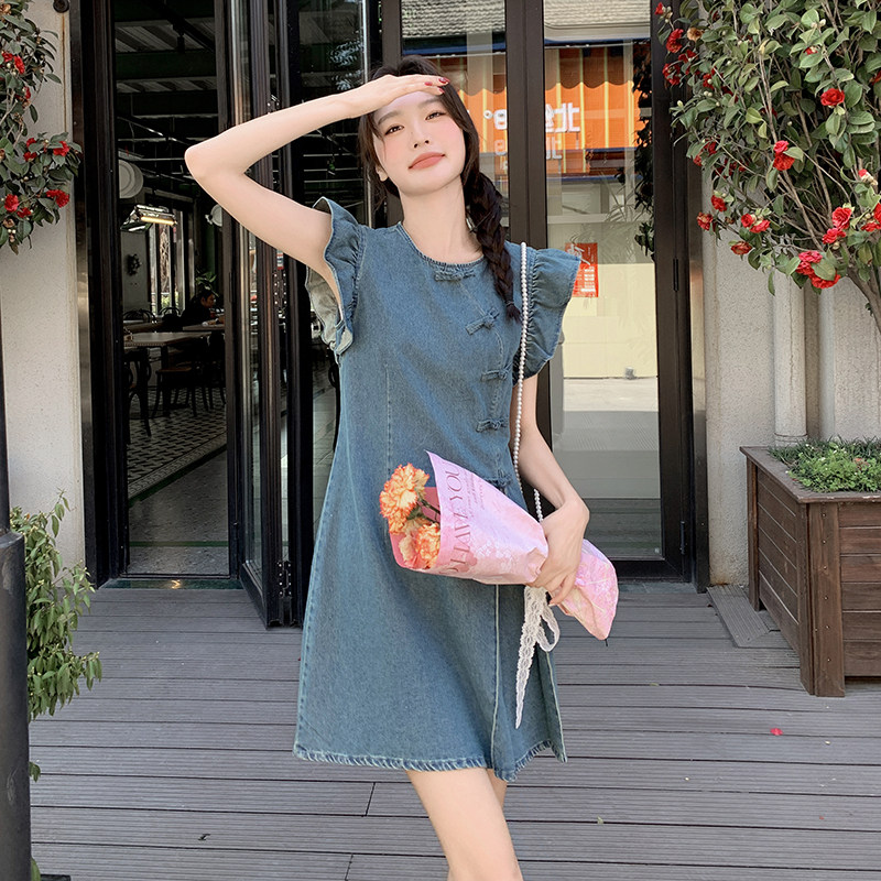 新中式盘扣飞袖牛仔裙女2025夏季新款设计感复古国风气质甜美裙子,女装连衣裙,2C057