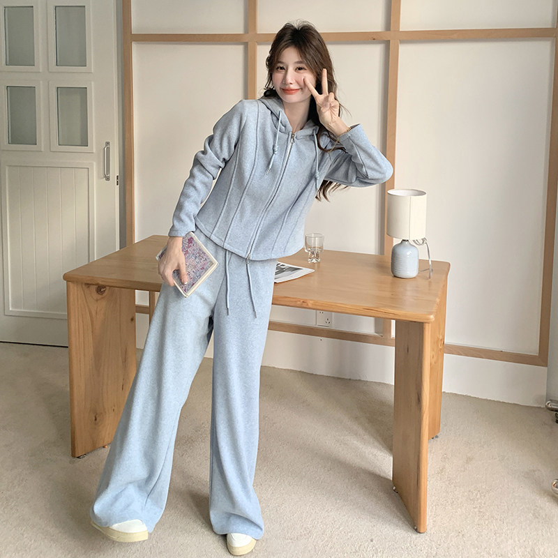 新品浅蓝色连帽开衫+休闲长裤两件套套装5829-P165-K248,女装套装/套裙,2C159