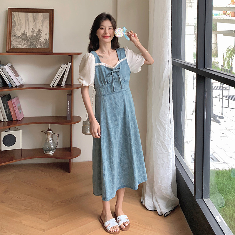 高级感气质牛仔拼接连衣裙女2025夏季新款韩版收腰显瘦别致长裙子,女装连衣裙,2C018