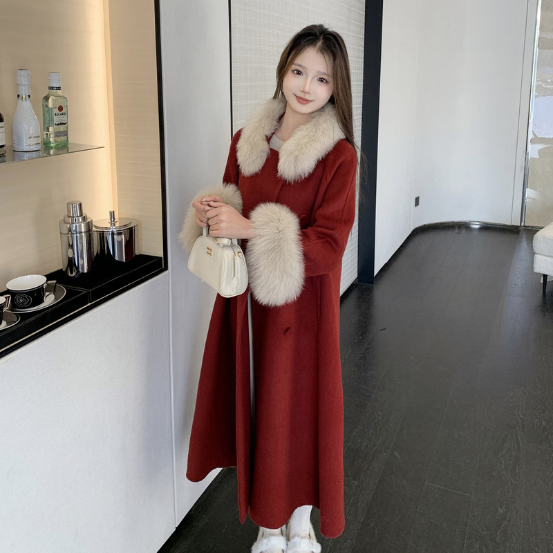 现货新款2177-P450-K669狐狸毛毛领袖毛双面羊绒大衣圣诞红,女装毛呢外套,2B114