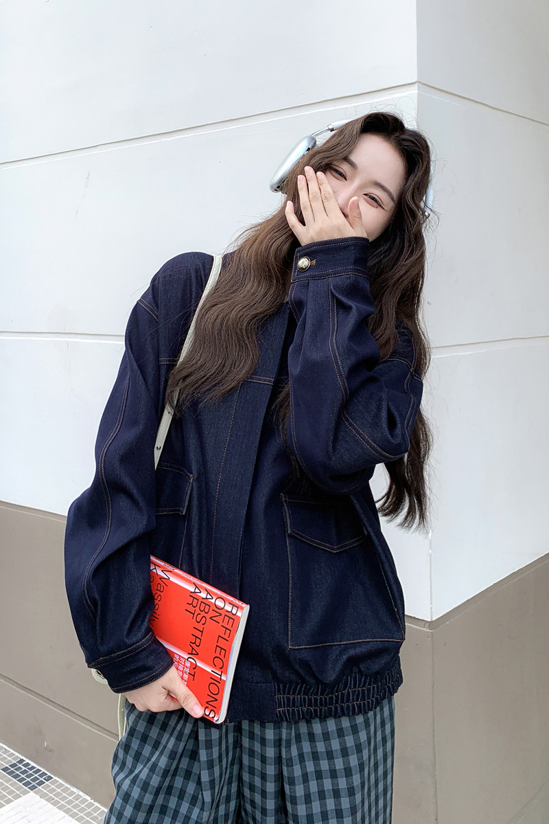 深蓝色仿牛仔翻领外套女2025秋季新款盐系爆款高级感休闲百搭夹克,女装短外套,2D008