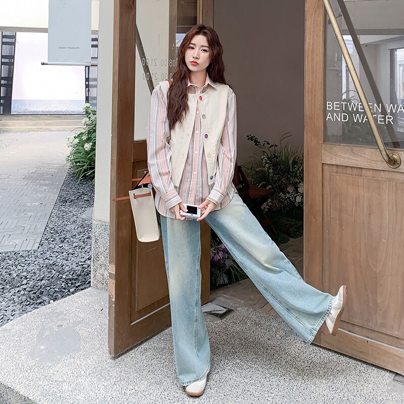 甜美条纹衬衫休闲马甲套装女2025春秋季新款设计感小众显瘦两件套,女装短外套,2C323