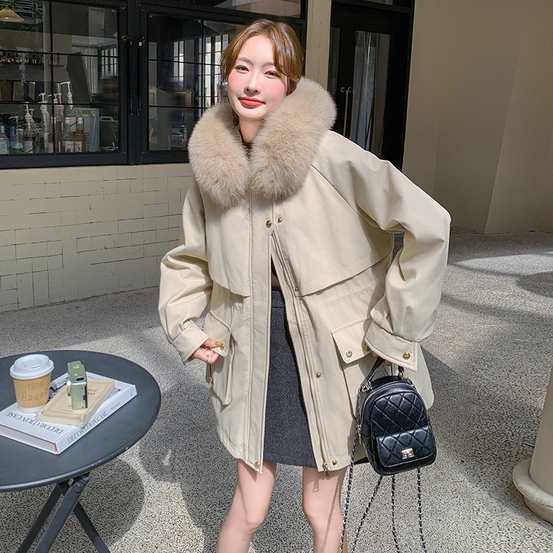 大毛领加绒加厚工装派克服女冬季收腰棉服爆款流行风衣式棉衣洋气,女装棉衣/棉服,2D044