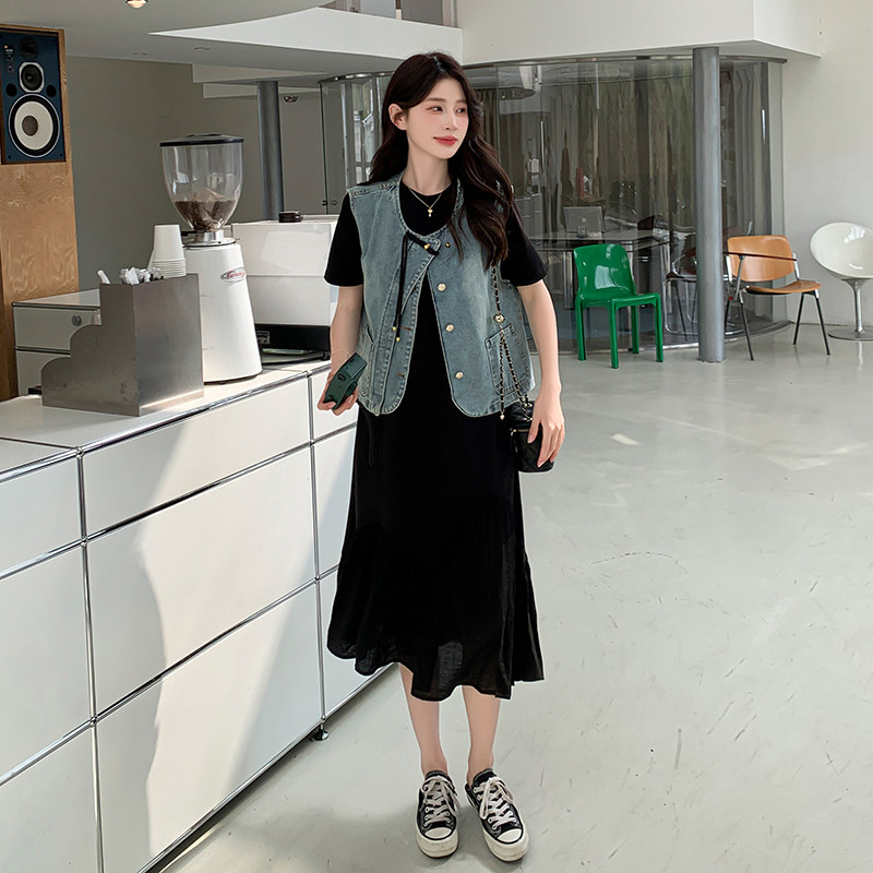时尚国风气质牛仔马甲套装女2025夏季新款宽松显瘦T恤长裙两件套,女装连衣裙,2C029