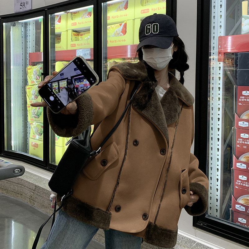 现货翻领羊羔毛皮毛一体加厚外套2525-P195-K288,女装派克服,2C159