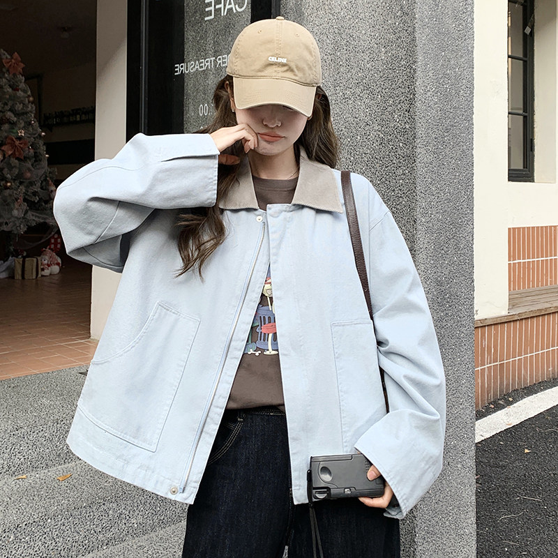 蓝色休闲工装外套女2025春季新款韩版设计感小个子超好看短款夹克图片