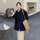韩版蕾丝拼接深蓝色毛呢外套女秋冬2025新款流行爆款英伦风大衣，女装毛呢外套，2C159