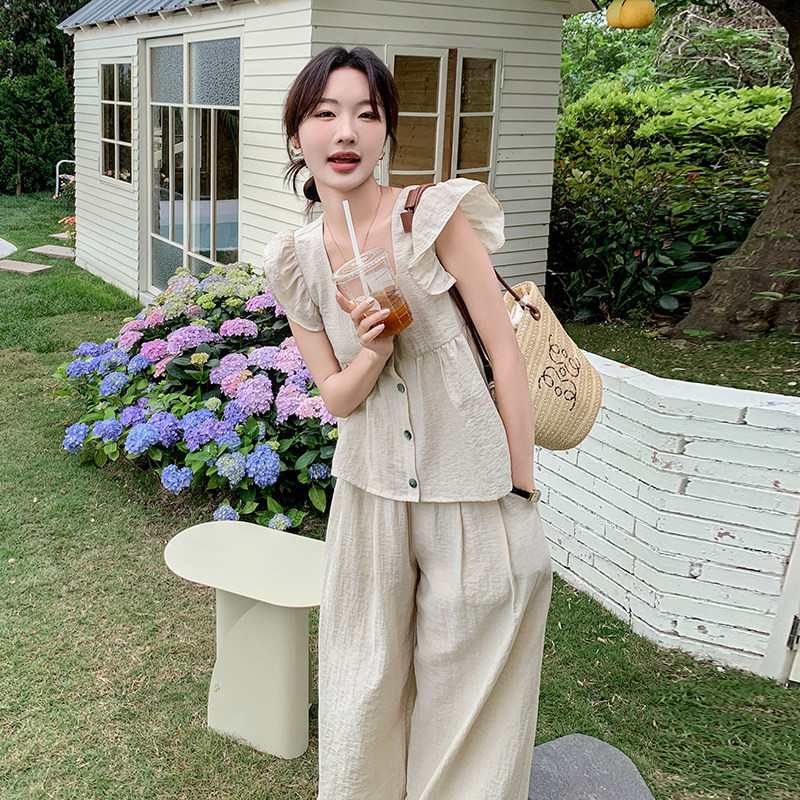 现货！法式复古小飞袖衬衫设计感小众两件套套装5067P145K208,女装套装/套裙,2C166