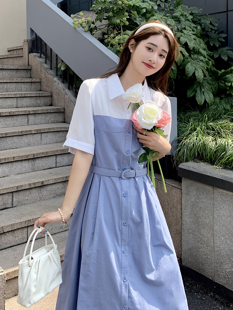 大货出长款撞色连衣裙短袖长裙a字裙女2C112-C88-P115-控168,女装连衣裙,2C112