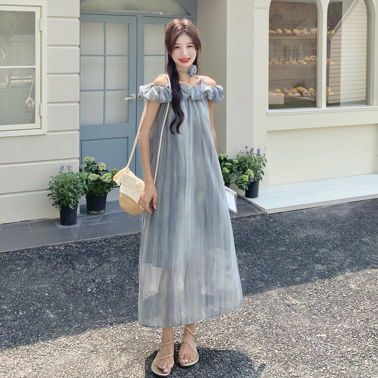 连衣裙扎染吊带仙女裙夏装纯色文艺露肩连衣裙高腰显瘦气质公主,女装连衣裙,2C233