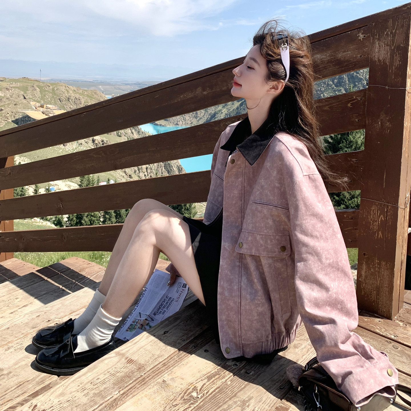 撞色翻领休闲皮粉色短外套女春秋2025新款小个子夹克上衣流行爆款,女装短外套,2C177