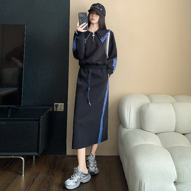 女春季拼接色花瓣衣领卫衣长半身裙两件套洋气潮图片
