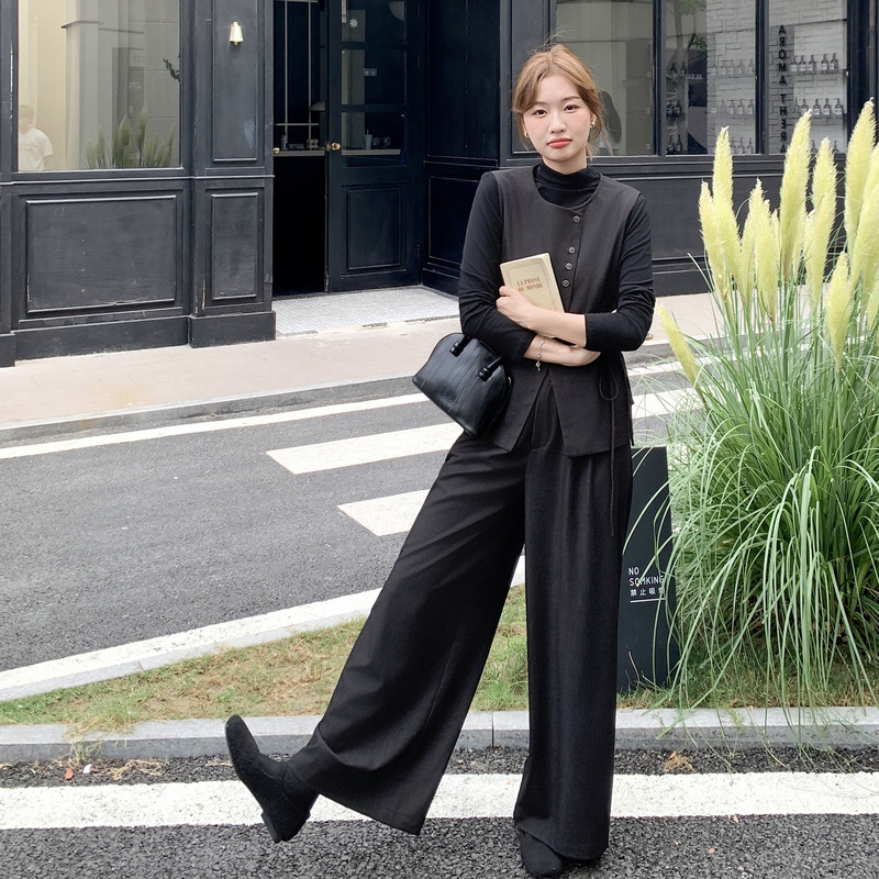 法式轻熟风黑色西装马甲三件套女2025秋季新款高级感打底衫阔腿裤,女装套装/套裙,2C203
